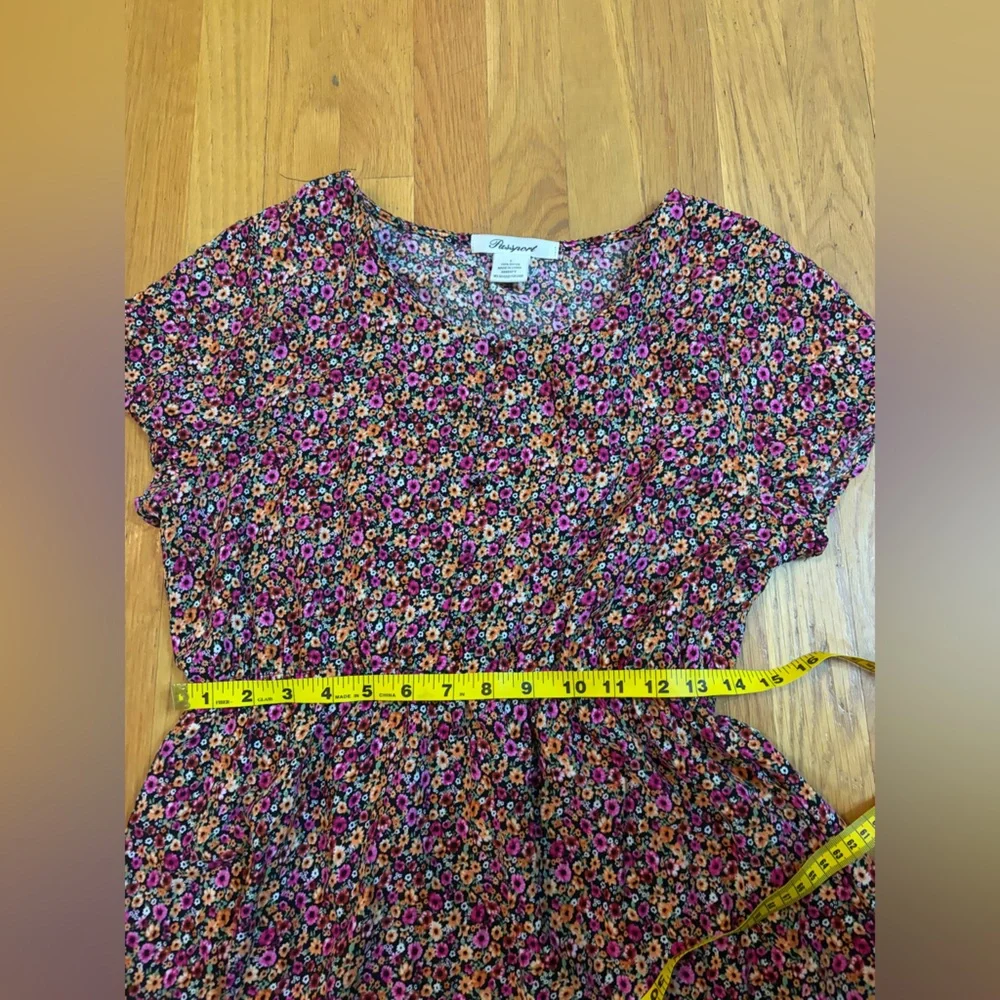 Passport Floral Mini Dress Size L Boho Cottagecore Rayon Pink Orange Black - Picture 7 of 8
